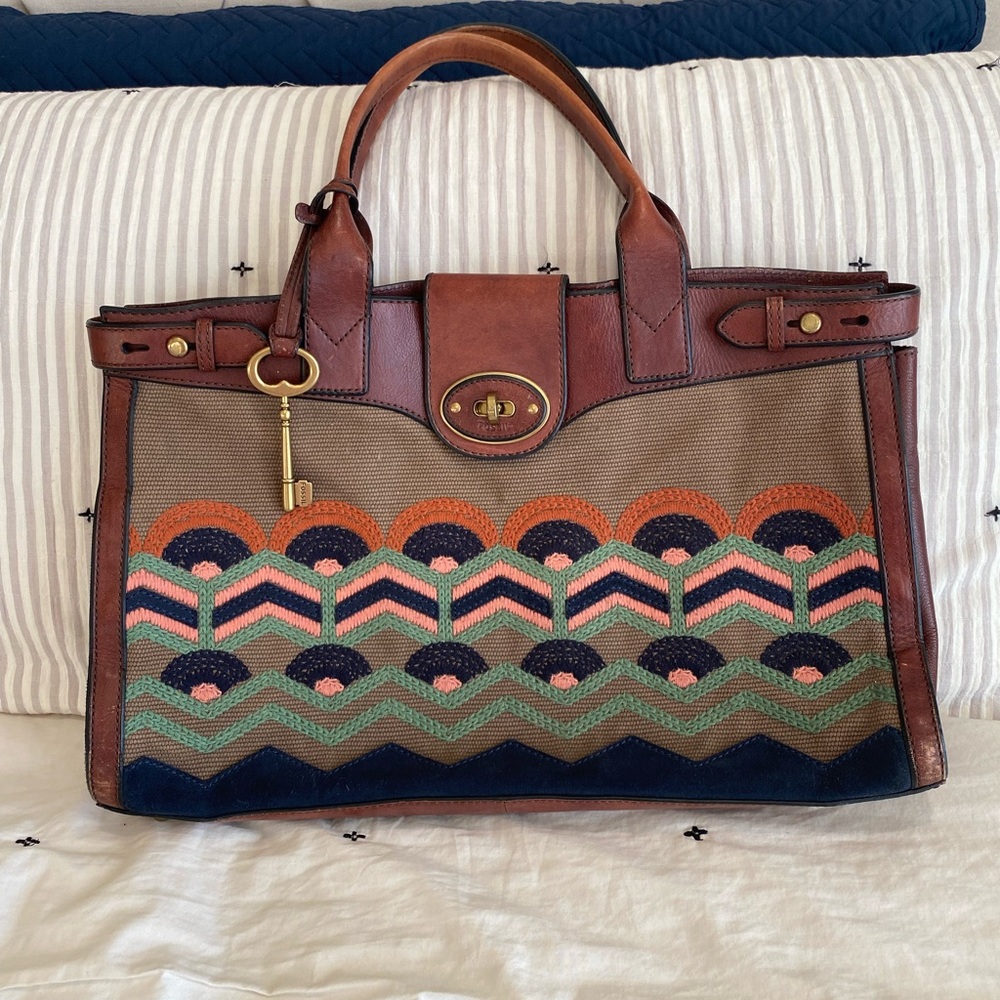FOSSIL Vintage Reissue Weekender (green brown orange pink embroidered) RARE